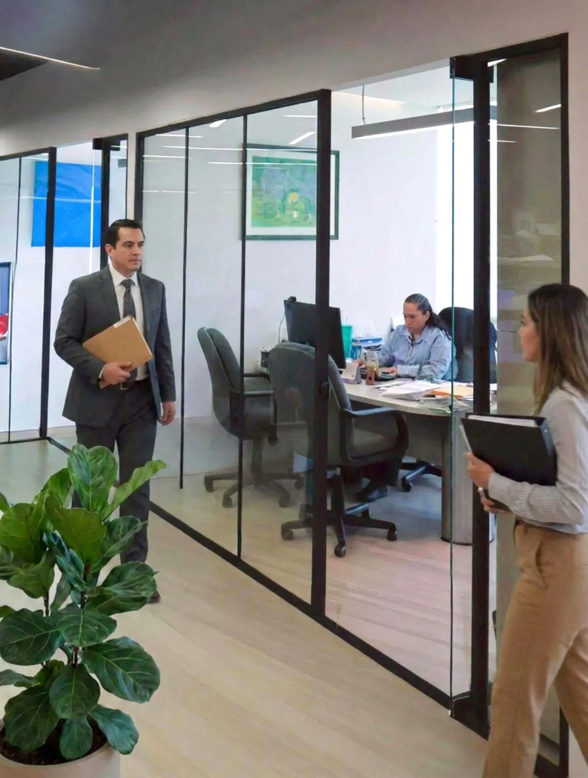 Pasillo de oficinas de J.W.K. Business con áreas de trabajo separadas por cristal