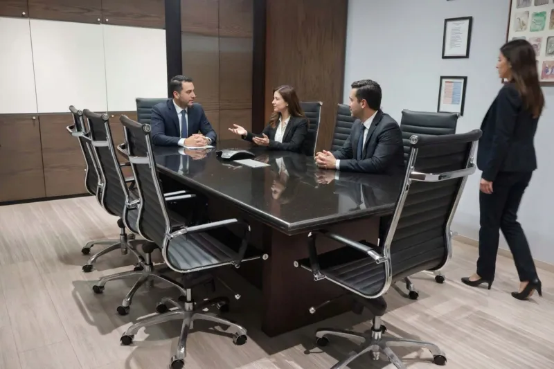 Reunión de revisión de estados financieros en la sala de juntas de J.W.K. Business
